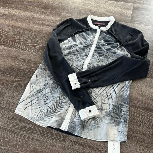 Marchesa Voyage 100% Silk Graphic Print Blouse Sz 4 Black White Long Sleeve VGUC - Picture 3 of 11